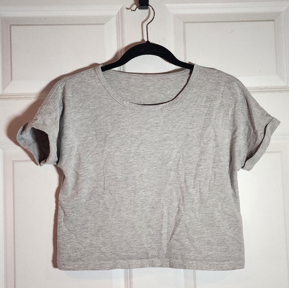 Shein Gray Roll Cuff Women's Casual Crop Short Sleeve Top Large